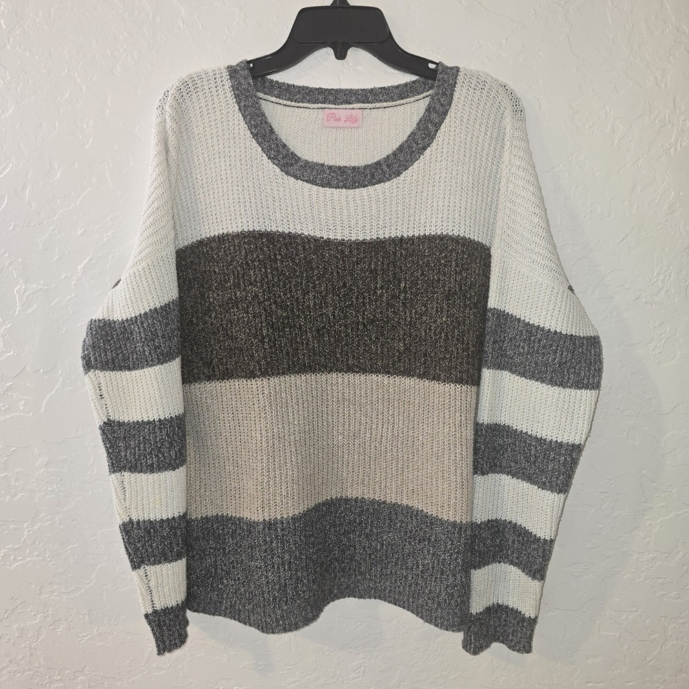 Pink Lily Knit Colorblock Sweater Sz M Pullover Comfy Brown Grey Tan Biege